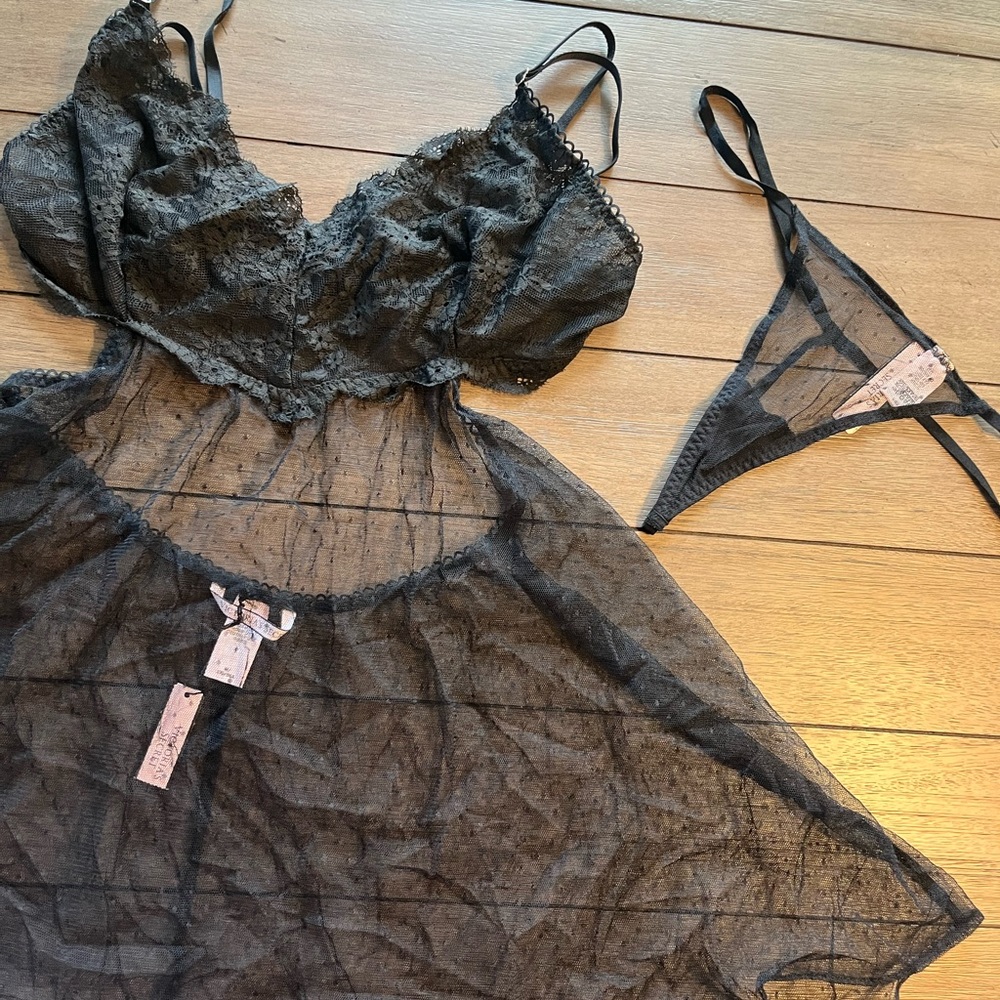 Victoria's Secret Black Sheer Lace Babydoll Chemise with Thong